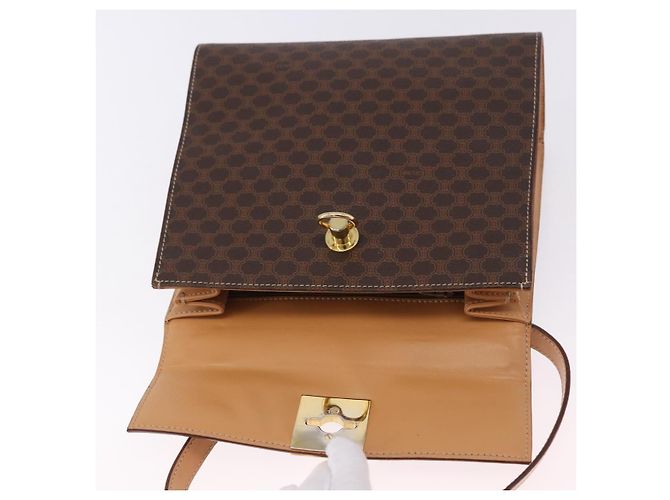 Céline Bolsa de Mão Redonda CELINE Macadam Canvas PVC Couro Marrom Dourado Auth am12348V - vista 23