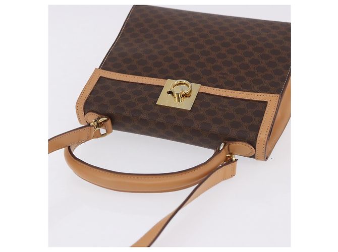 Céline Bolsa de Mão Redonda CELINE Macadam Canvas PVC Couro Marrom Dourado Auth am12348V - vista 6