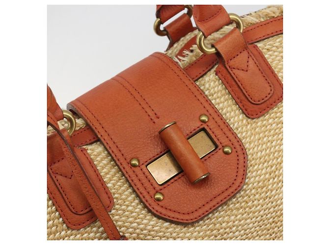 BURBERRY Blue Label Tote Bag Stroh Leder Beige Gold Auth 196608 Golden - Ansicht 17
