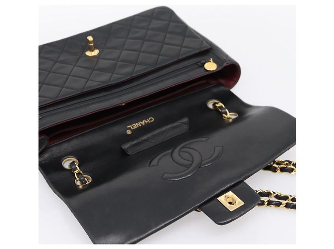 Sac CHANEL Double Flap Chain Matelasse en Agneau Noir et Or CC Auth yk20805SAM Doré - vue 14