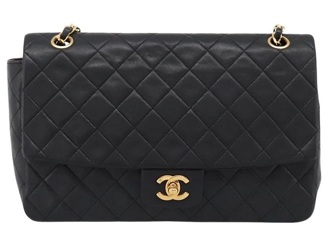 Sac CHANEL Double Flap Chain Matelasse en Agneau Noir et Or CC Auth yk20805SAM Doré - vue 2