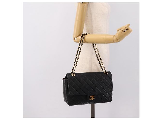 Sac CHANEL Double Flap Chain Matelasse en Agneau Noir et Or CC Auth yk20805SAM Doré - vue 30