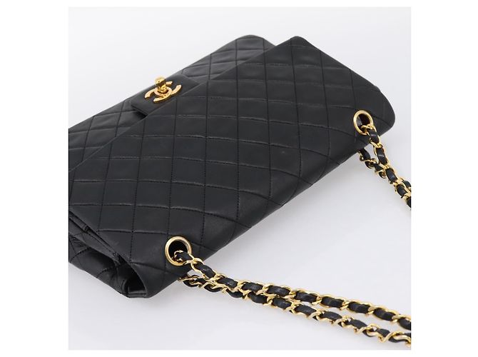 Sac CHANEL Double Flap Chain Matelasse en Agneau Noir et Or CC Auth yk20805SAM Doré - vue 6