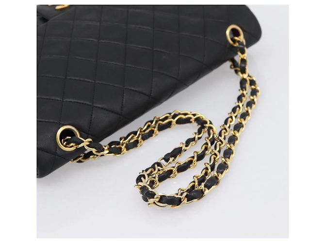 Sac CHANEL Double Flap Chain Matelasse en Agneau Noir et Or CC Auth yk20805SAM Doré - vue 7