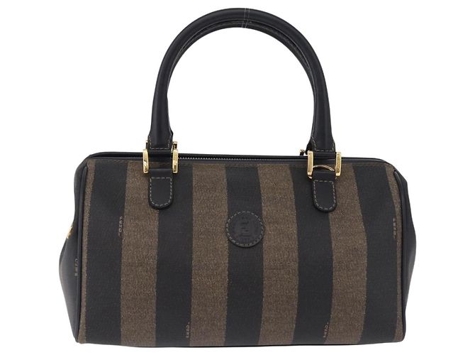Pequin Borsa Boston FENDI Pecan Canvas PVC Nero Marrone oro Auth 199677V D'oro - vista 13