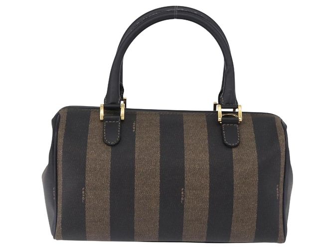 Pequin Borsa Boston FENDI Pecan Canvas PVC Nero Marrone oro Auth 199677V D'oro - vista 2