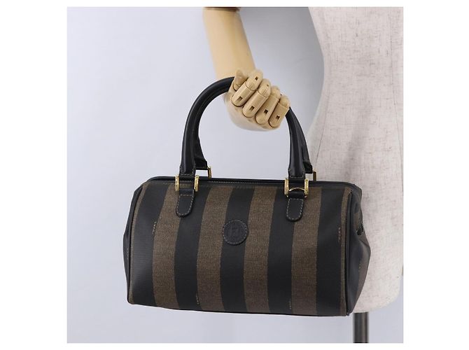 Pequin Borsa Boston FENDI Pecan Canvas PVC Nero Marrone oro Auth 199677V D'oro - vista 23