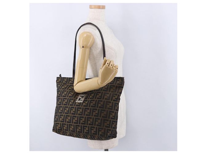 Borsa Tote FENDI Zucca Canvas Marrone Nero Auth 197739A - vista 24