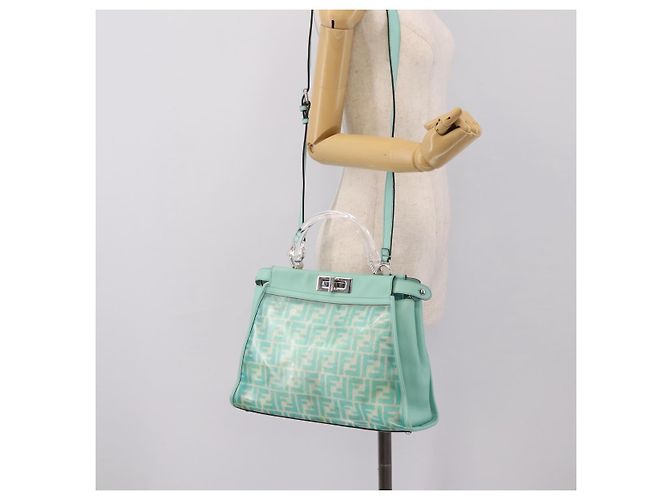 FENDI Zucca Canvas Peek A Boo Regular Bag Leder 2way Grün Silber Auth 196588A - Ansicht 24