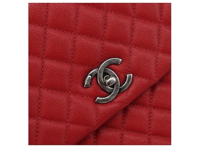 Bolsa de corrente CHANEL Matelasse Coco Handle em couro Caviar 2 vias Vermelha CC Auth 195900V Prata Vermelho - vista 17
