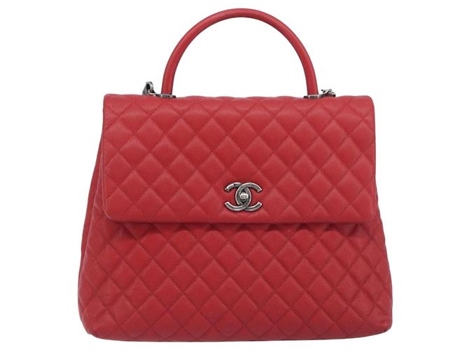 Bolsa de corrente CHANEL Matelasse Coco Handle em couro Caviar 2 vias Vermelha CC Auth 195900V Prata Vermelho - vista 2