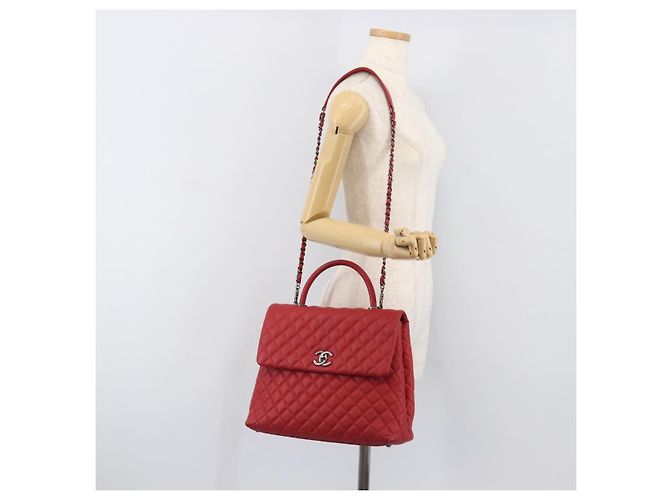 Bolsa de corrente CHANEL Matelasse Coco Handle em couro Caviar 2 vias Vermelha CC Auth 195900V Prata Vermelho - vista 31