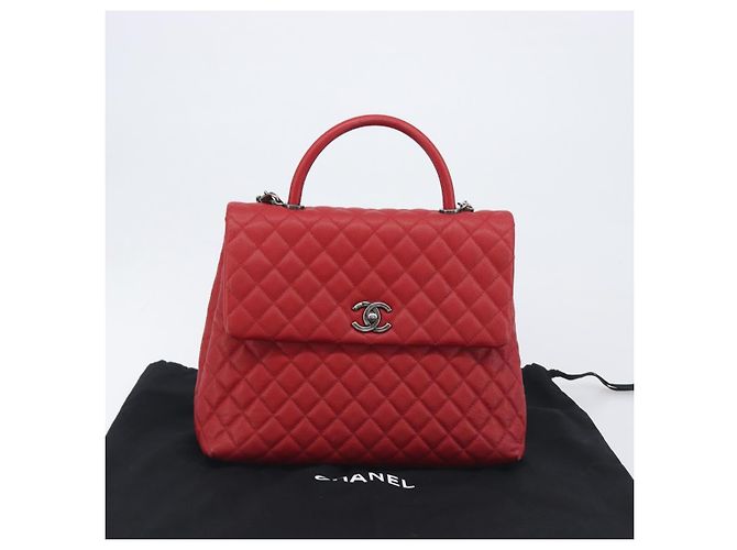 Bolsa de corrente CHANEL Matelasse Coco Handle em couro Caviar 2 vias Vermelha CC Auth 195900V Prata Vermelho - vista 32