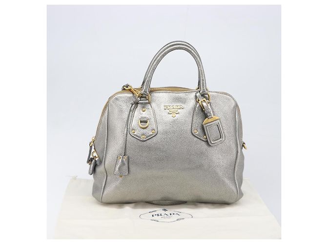PRADA Hand Bag Vittero Dino Leather 2way Silver Gold Auth 197342V Silvery Golden - view 12