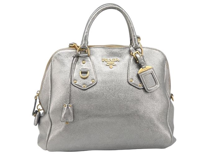 PRADA Hand Bag Vittero Dino Leather 2way Silver Gold Auth 197342V Silvery Golden - view 13