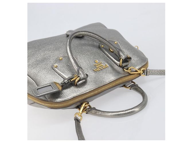 PRADA Hand Bag Vittero Dino Leather 2way Silver Gold Auth 197342V Silvery Golden - view 14