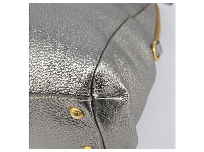 PRADA Hand Bag Vittero Dino Leather 2way Silver Gold Auth 197342V Silvery Golden - view 17