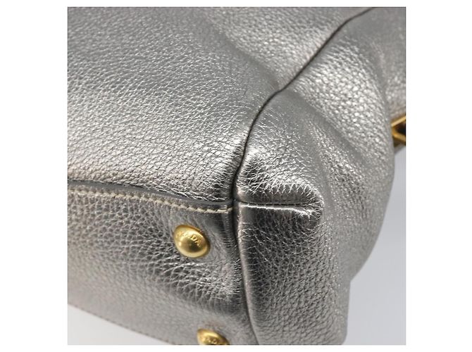 PRADA Hand Bag Vittero Dino Leather 2way Silver Gold Auth 197342V Silvery Golden - view 19
