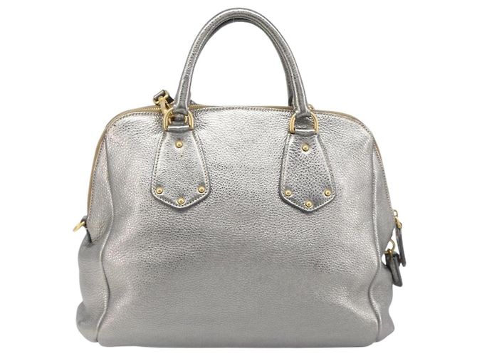 PRADA Hand Bag Vittero Dino Leather 2way Silver Gold Auth 197342V Silvery Golden - view 2