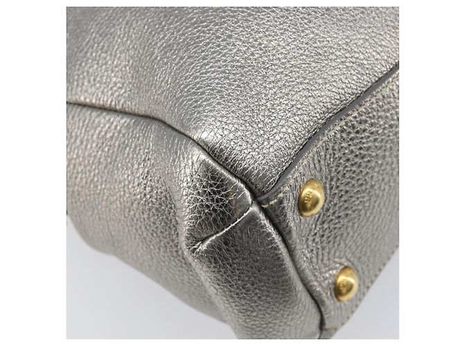 PRADA Hand Bag Vittero Dino Leather 2way Silver Gold Auth 197342V Silvery Golden - view 20