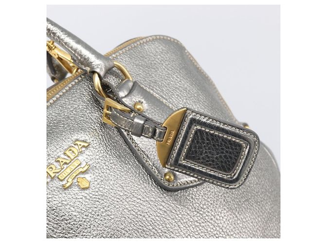 PRADA Hand Bag Vittero Dino Leather 2way Silver Gold Auth 197342V Silvery Golden - view 21