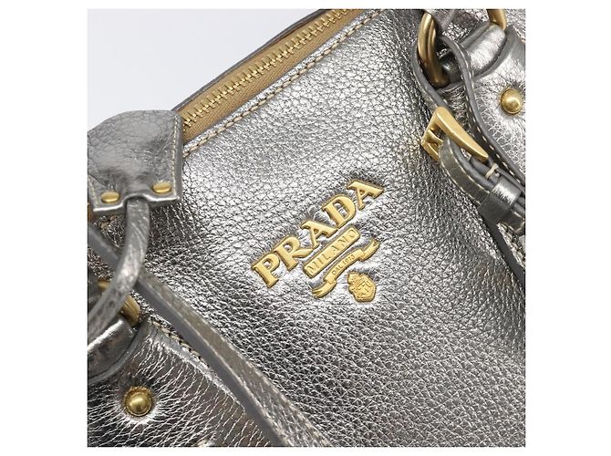 PRADA Hand Bag Vittero Dino Leather 2way Silver Gold Auth 197342V Silvery Golden - view 22