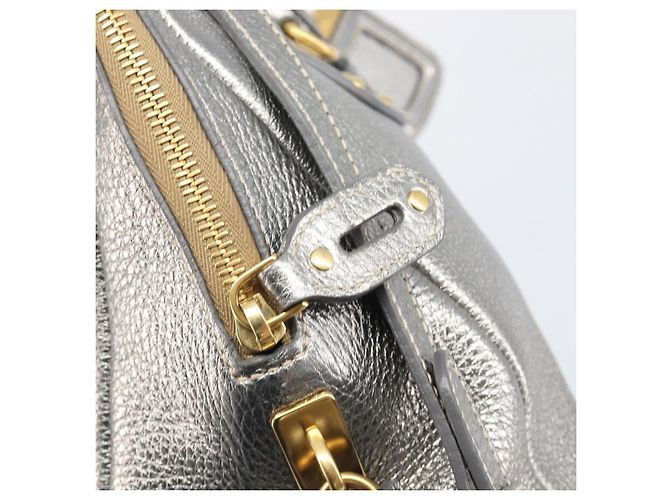 PRADA Hand Bag Vittero Dino Leather 2way Silver Gold Auth 197342V Silvery Golden - view 24