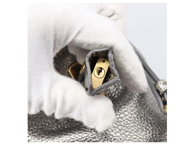 PRADA Hand Bag Vittero Dino Leather 2way Silver Gold Auth 197342V Silvery Golden - view 26