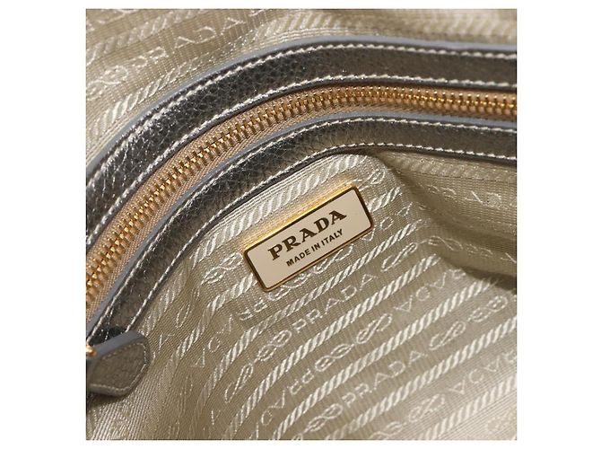 PRADA Hand Bag Vittero Dino Leather 2way Silver Gold Auth 197342V Silvery Golden - view 27