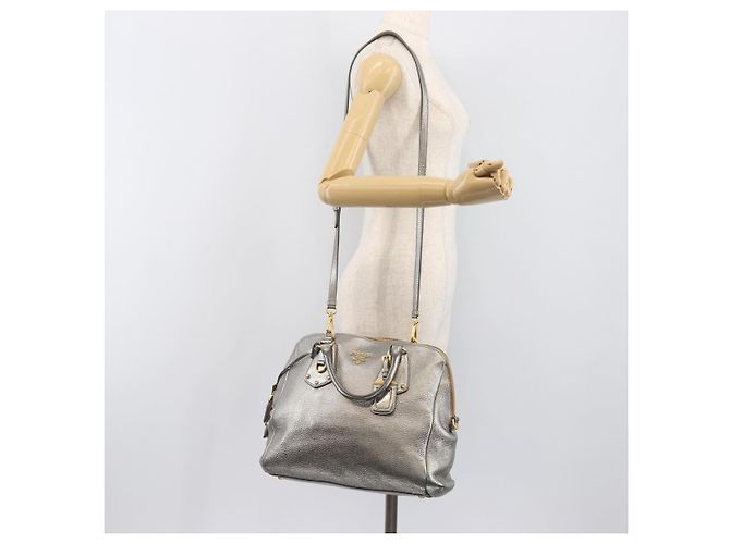 PRADA Hand Bag Vittero Dino Leather 2way Silver Gold Auth 197342V Silvery Golden - view 32