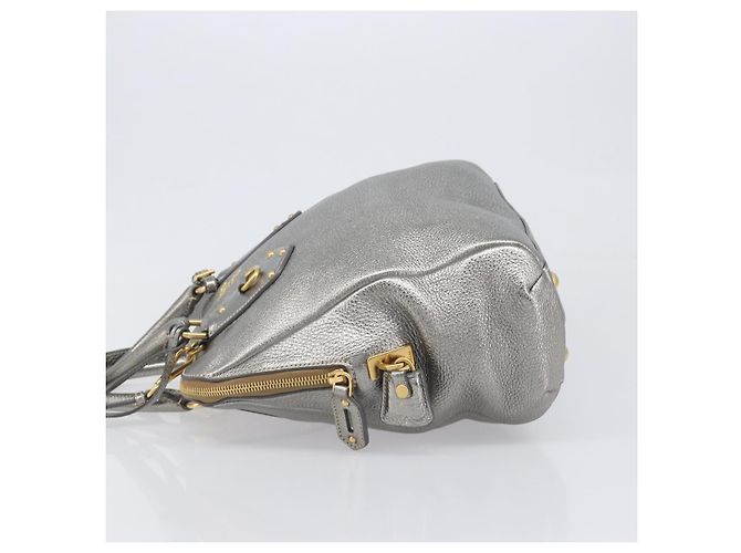 PRADA Hand Bag Vittero Dino Leather 2way Silver Gold Auth 197342V Silvery Golden - view 4