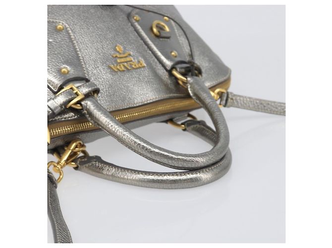 PRADA Hand Bag Vittero Dino Leather 2way Silver Gold Auth 197342V Silvery Golden - view 6