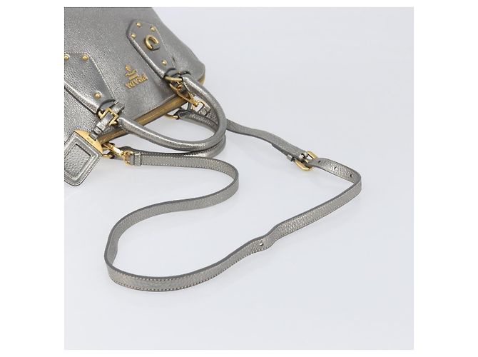 PRADA Hand Bag Vittero Dino Leather 2way Silver Gold Auth 197342V Silvery Golden - view 7