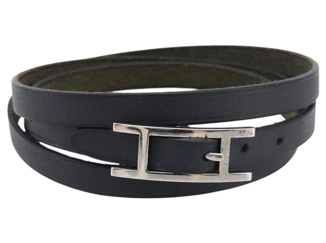 Hermès HERMES Api Choker Bracelet Leather Black Silver Auth 198841A Nero Argento - vista 2