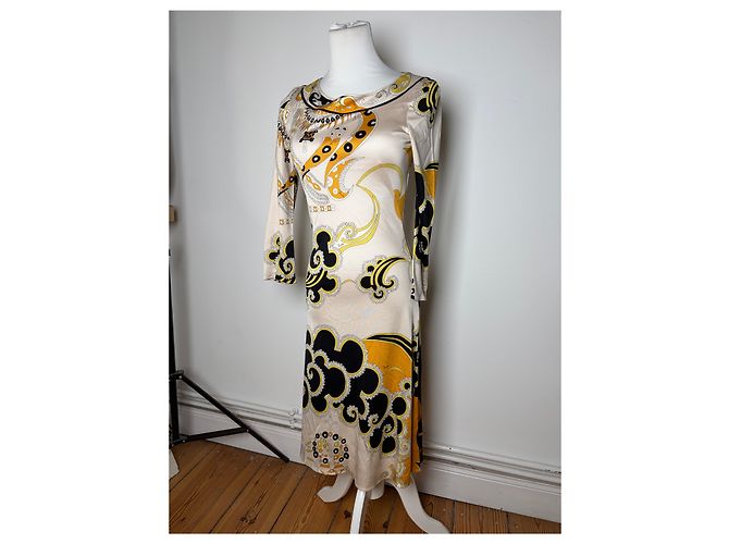 Emilio Pucci Vintage Pucci Seidenkleid Creme Schwarz Gelb XS - Ansicht 13