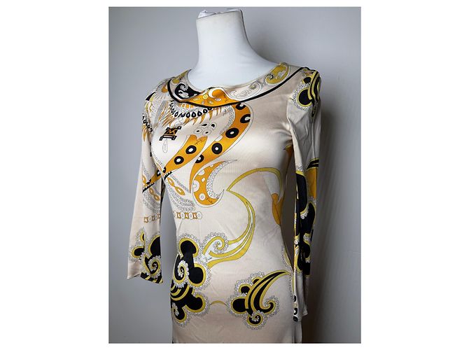 Emilio Pucci Vintage Pucci Seidenkleid Creme Schwarz Gelb XS - Ansicht 14