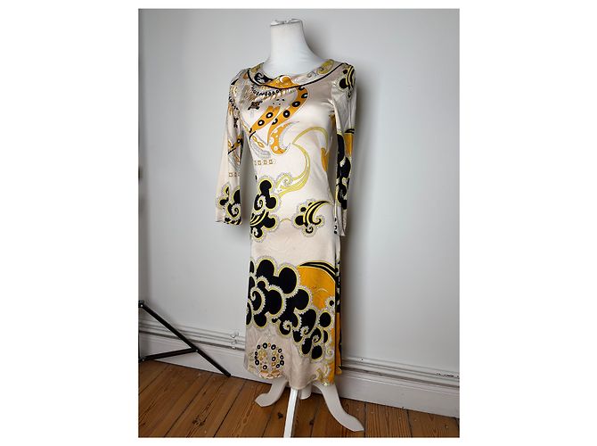 Emilio Pucci Vintage Pucci Seidenkleid Creme Schwarz Gelb XS - Ansicht 7