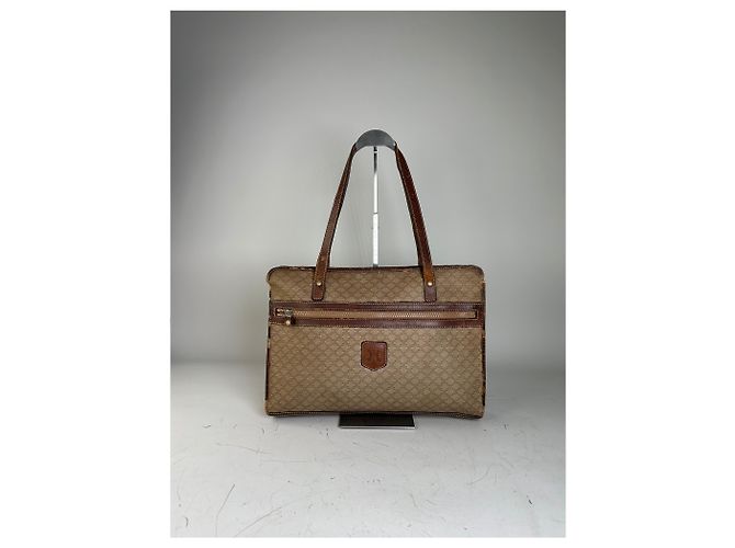 Céline Tote Vintage Celine in Tela e Pelle Beige Brown Gold - vista 13