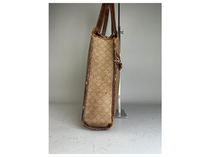 Céline Tote Vintage Celine in Tela e Pelle Beige Brown Gold - vista 4