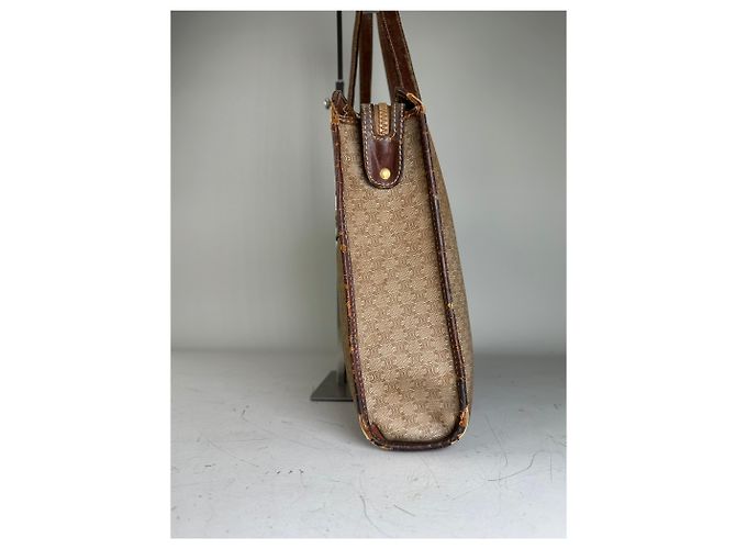 Céline Tote Vintage Celine in Tela e Pelle Beige Brown Gold - vista 6