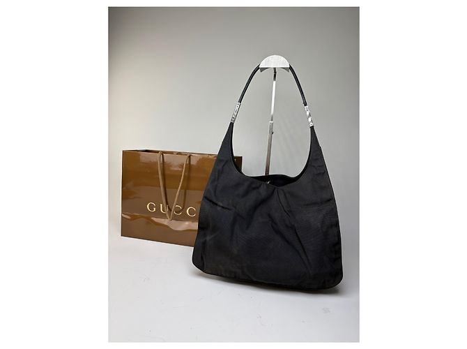 Vintage Gucci Nylon Schultertasche Schwarz Silber - Ansicht 2