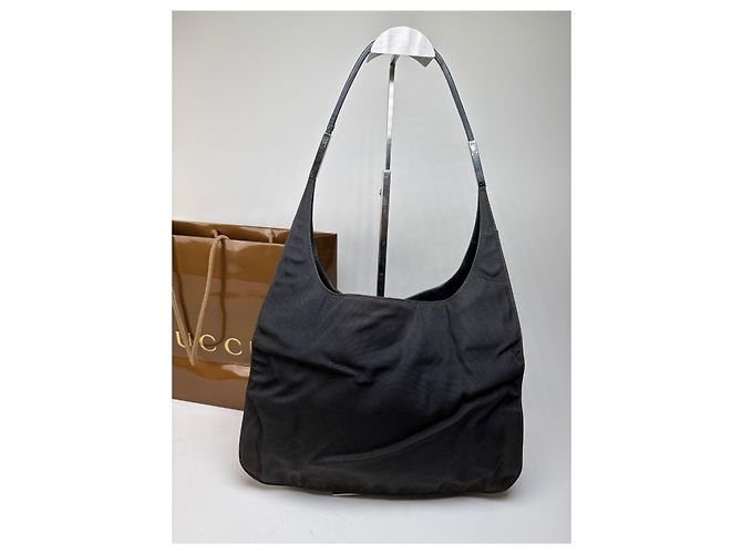 Vintage Gucci Nylon Schultertasche Schwarz Silber - Ansicht 6