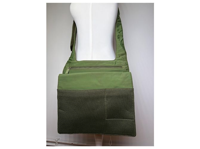 Vintage Miu Miu Mesh Nylon Schultertasche Olive Green Silver Grün - Ansicht 14