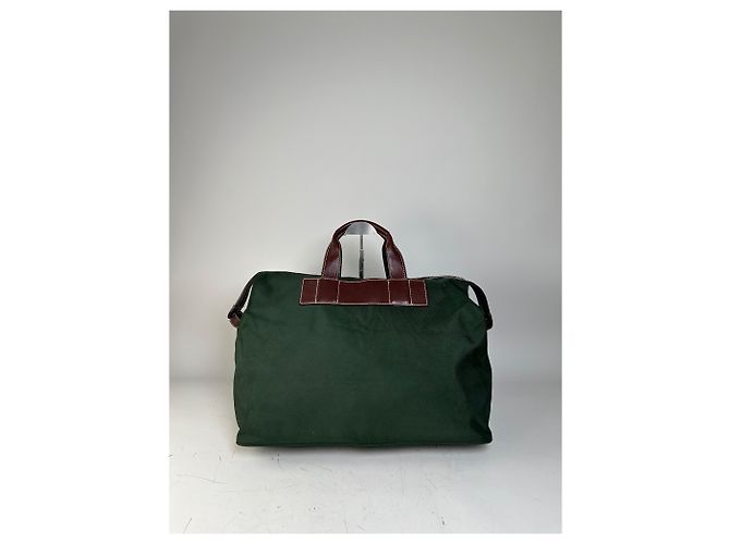 Tote Vintage Issey Miyake in Tela e Pelle Verde Scuro e Marrone - vista 12