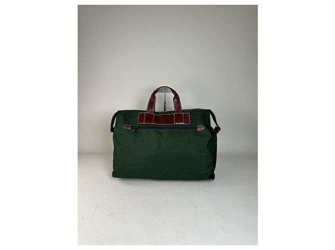 Tote Vintage Issey Miyake in Tela e Pelle Verde Scuro e Marrone - vista 13