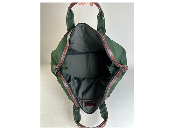 Tote Vintage Issey Miyake in Tela e Pelle Verde Scuro e Marrone - vista 3