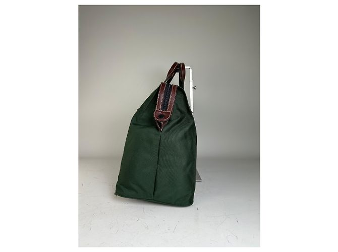 Tote Vintage Issey Miyake in Tela e Pelle Verde Scuro e Marrone - vista 4