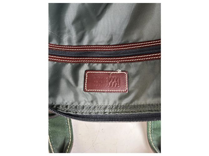 Tote Vintage Issey Miyake in Tela e Pelle Verde Scuro e Marrone - vista 5