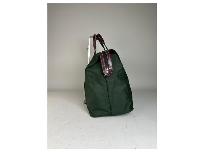 Tote Vintage Issey Miyake in Tela e Pelle Verde Scuro e Marrone - vista 6