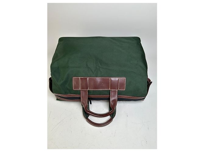 Tote Vintage Issey Miyake in Tela e Pelle Verde Scuro e Marrone - vista 7